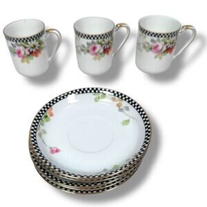 Vintage Nippon Floral 3 Small Cups 5 Saucers White Floral Checkerboard Gold Trim